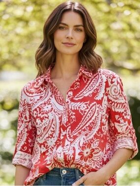 Chico's Floral Button Down Shirt Red White Roll Tab Sleeve Women's Size 3 / XL